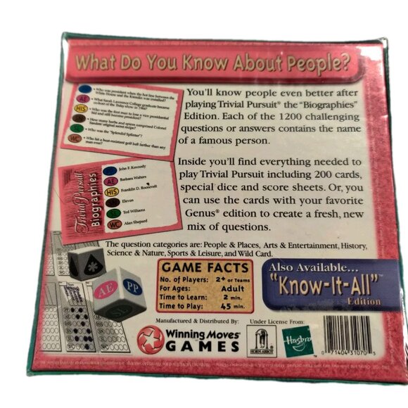 Trivial Pursuit Game Biographies Edition Expander Set Vtg 2000 #1070 New Sealed - Picture 4 of 5